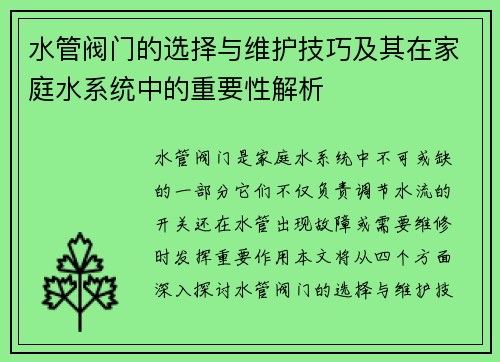 水管阀门的选择与维护技巧及其在家庭水系统中的重要性解析