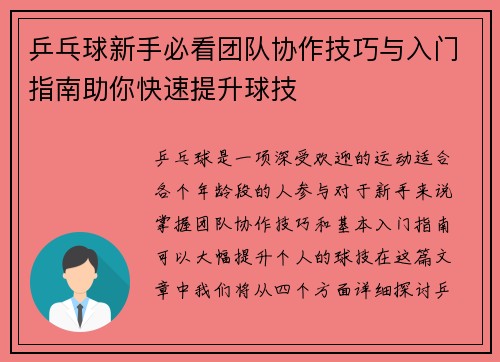 乒乓球新手必看团队协作技巧与入门指南助你快速提升球技