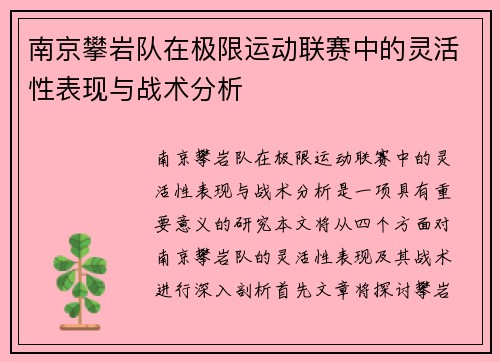 南京攀岩队在极限运动联赛中的灵活性表现与战术分析